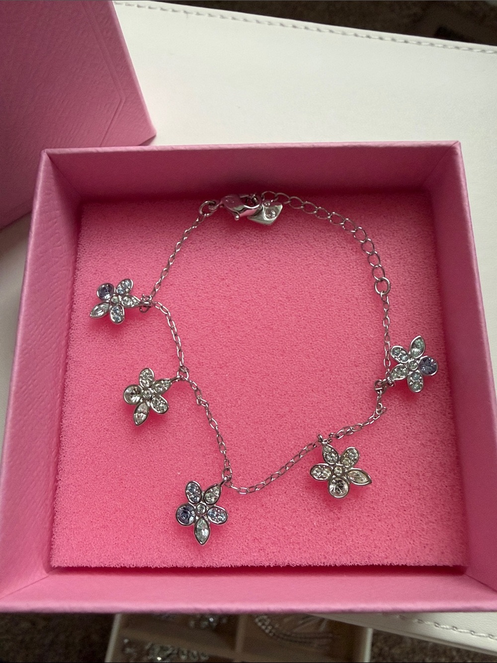 Swarovski Silver Tone Flower Charm Bracelet with Clear Crystals